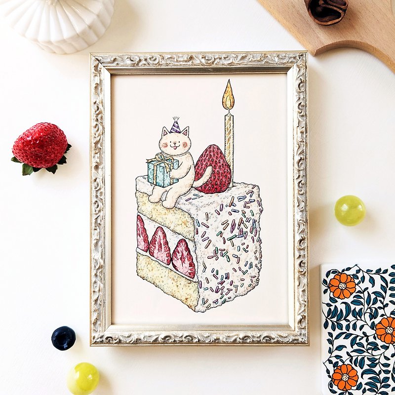 5×7 The Cat and the Birthday Cake Art print - Posters - Paper Multicolor