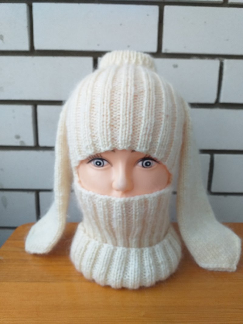 White hand-knitted wool balaclava with bunny ears and hair hole - Hats & Caps - Wool White