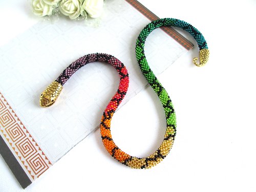 Handmade By Nataniel Beaded Snake Necklace bracelet Rainbow colors Forest snake Ouroboros jewelry Ser