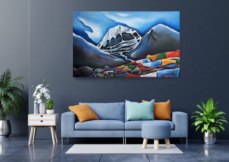 Kailash Painting Mountain Original Art Tibet Artwork Landscape Nepal Wall Art - โปสเตอร์ - วัสดุอื่นๆ สีน้ำเงิน