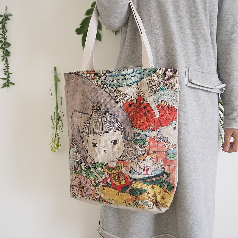 Illustration garden linen eco-friendly bag cloth bag handbag handbag four seasons travel gifts - Handbags & Totes - Cotton & Hemp Multicolor