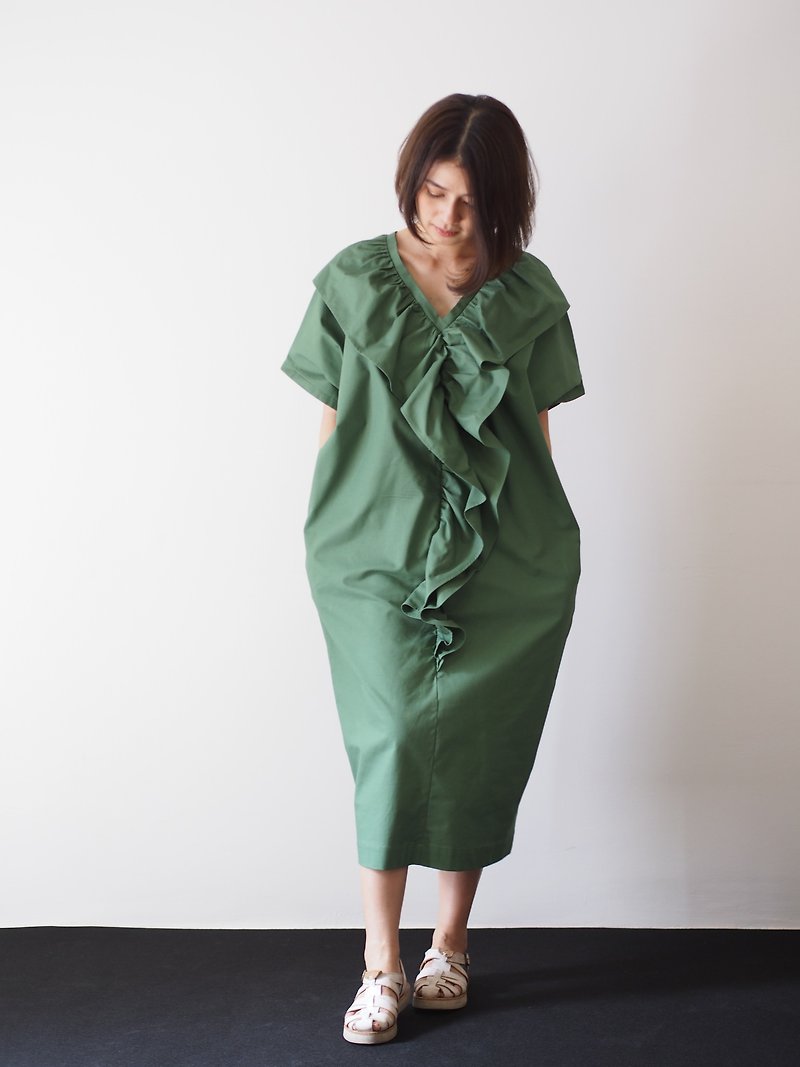 ManiBleu Front Frill V Neck Dress - Spruce - One Piece Dresses - Cotton & Hemp Green