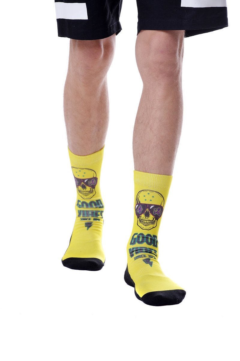 Fool's Day Printed Crew Socks - Good Vibes Yellow - Socks - Polyester Yellow