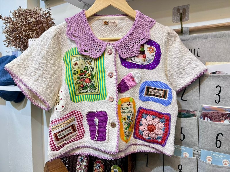 【Size M】 幸福拼布短版上衣 - 女上衣/長袖上衣 - 棉．麻 白色