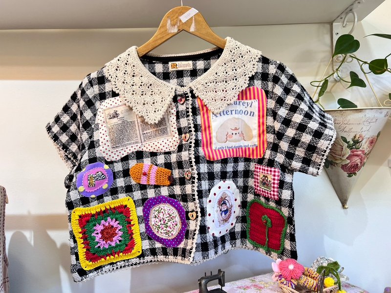 【Size M】 幸福拼布短版上衣 - 女裝上衣 - 棉．麻 白色