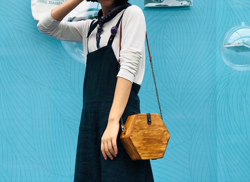 Yuansen hand made plain simple hexagonal leather wooden bag - Messenger Bags & Sling Bags - Wood Brown
