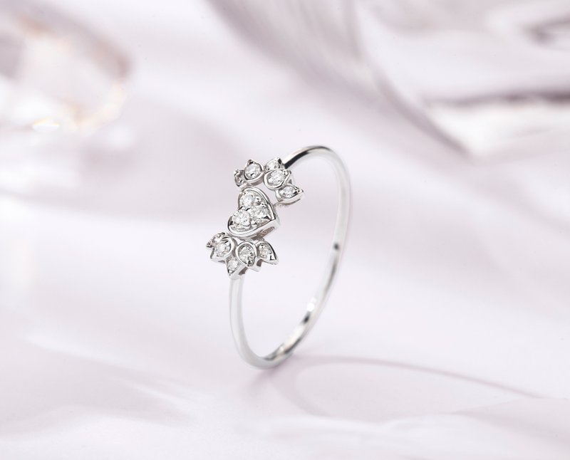 鑽石14k白金心形訂婚戒指 獨特丘比特之翼結婚戒指 天使翅膀鑽戒 - 戒指 - 鑽石 銀色