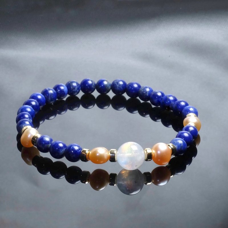 [Dark Blue Moon Reflection] Stone × Freshwater Pearl × Lapis Lazuli 14K Gold-Filled Crystal Bracelet Good Luck Gift - Bracelets - Crystal Blue