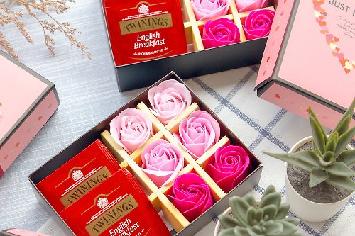 幸福朵朵 婚禮小物 花束禮物 唐寧英倫茶包2入+6朵玫瑰香皂花禮盒–粉紅色