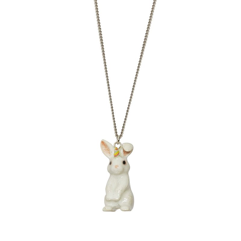 AndMary手繪瓷項鍊-彩色獨角獸兔Pastel Unicorn Bunny Necklace - 項鍊 - 瓷 白色