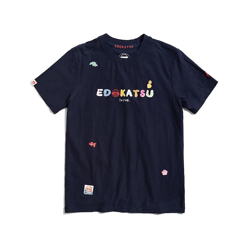 Edo Katsu Japanese style colorful LOGO short-sleeved T-shirt - Men's clothing (blue) #Top - เสื้อยืดผู้ชาย - ผ้าฝ้าย/ผ้าลินิน สีน้ำเงิน