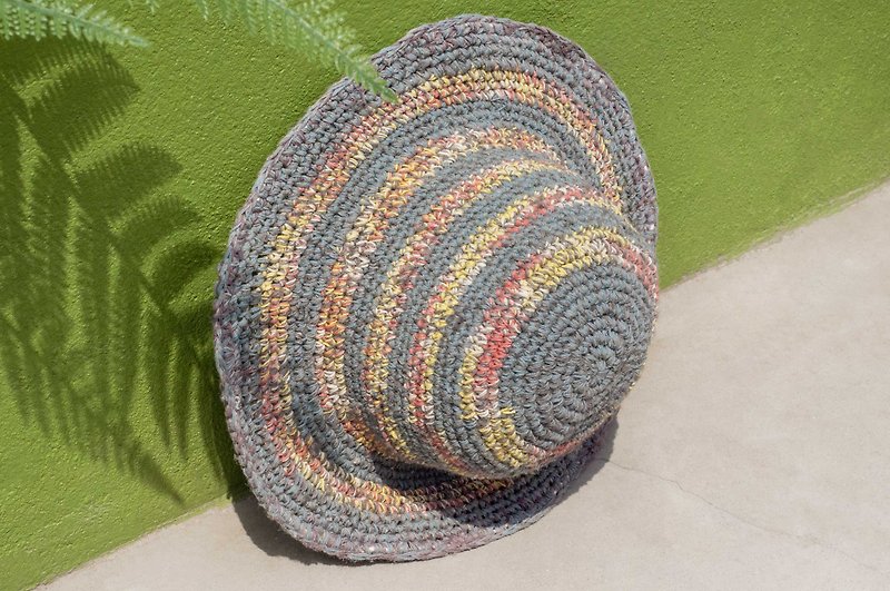 Hand-woven cotton Linen hat knit cap hat sun hat straw hat - Romantic French rainbow stripes hat - หมวก - ผ้าฝ้าย/ผ้าลินิน หลากหลายสี