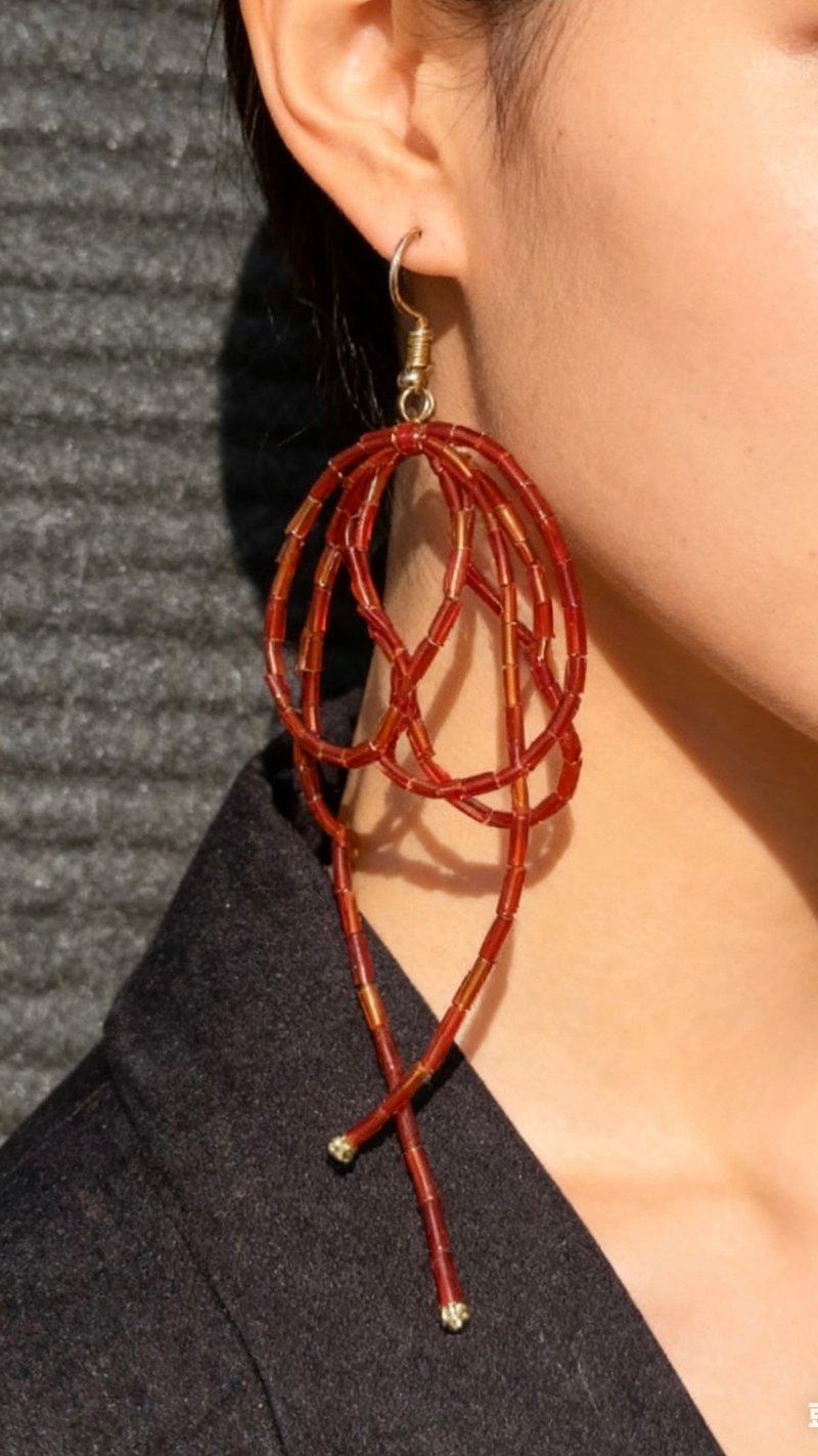 Crystal.EAA 設計款琉璃耳飾 KC金赤練垂絲耳環 - 耳環/耳夾/耳骨夾 - 琉璃 紅色