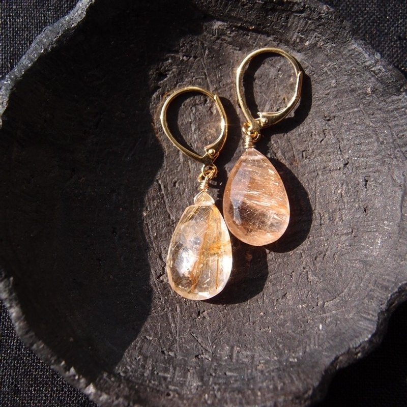 Rutilated Quartz Drop Earrings ルチルクォーツ ドロップ フレンチピアス - 耳環/耳夾/耳骨夾 - 寶石 金色