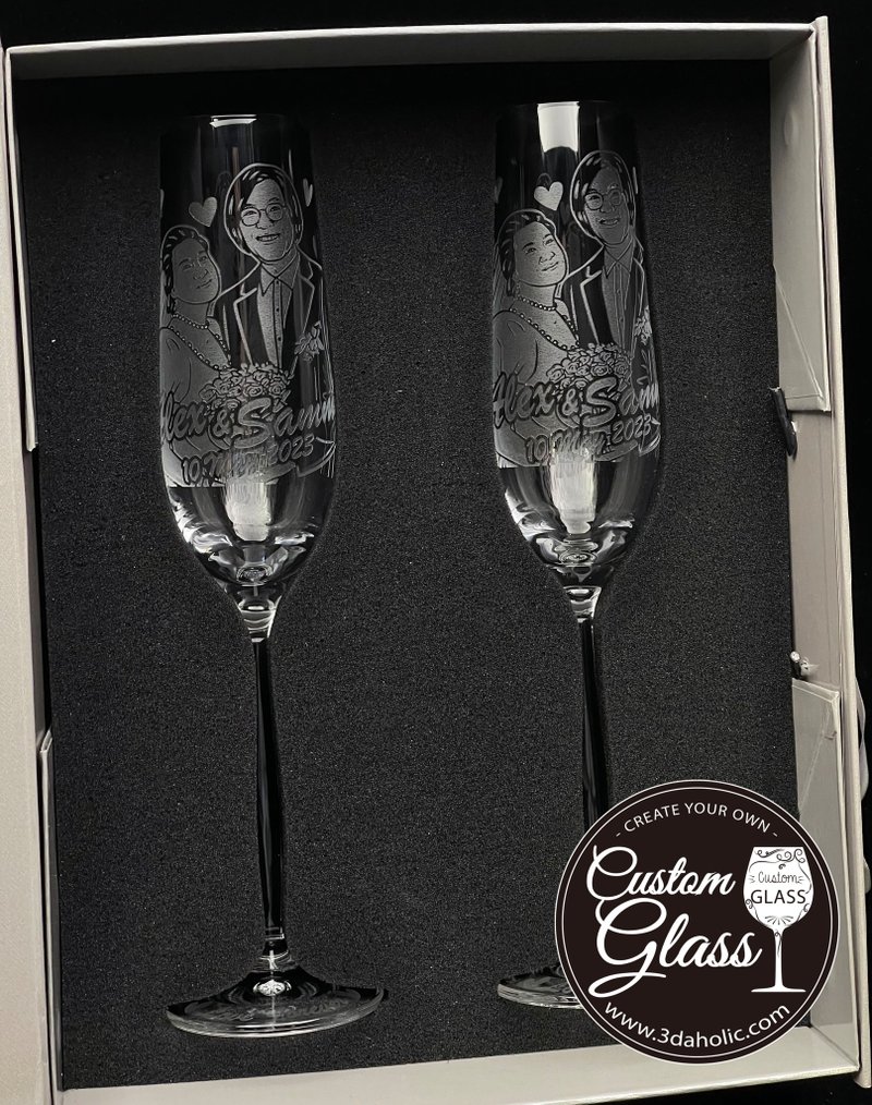 [Customization] portrait champagne glass engraving (pair) – real photo wine glass engraving - Bar Glasses & Drinkware - Glass Transparent