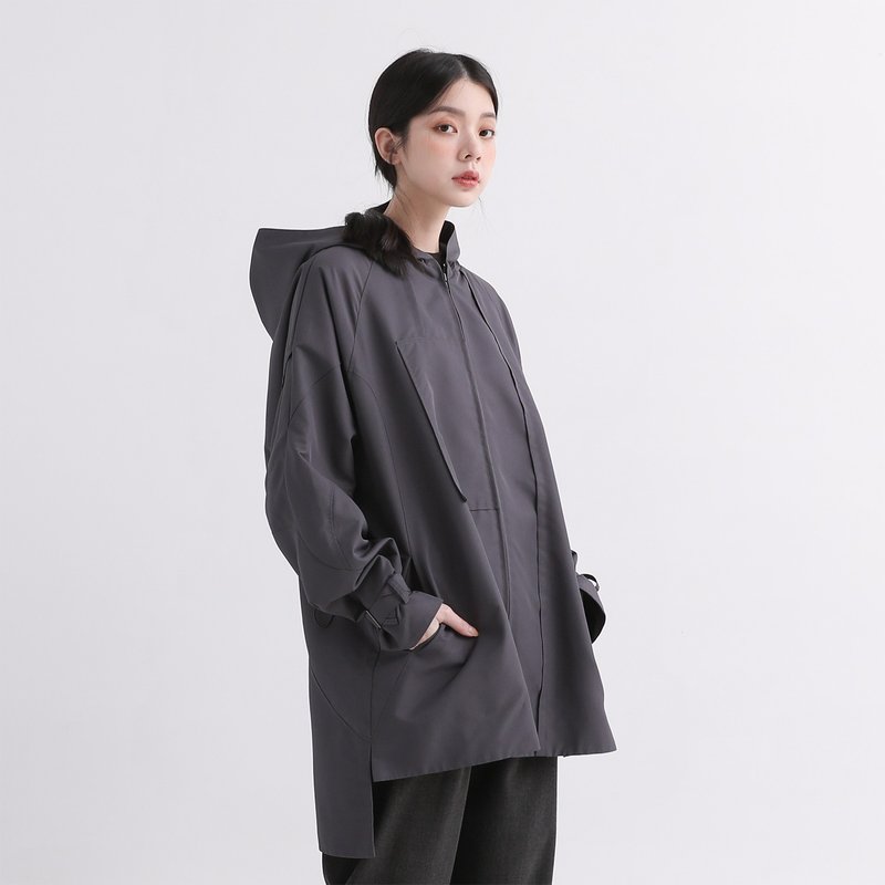 【環保永續】【男女共穿】Fushu_複數中性風衣外套_鐵灰/防潑水 - 女大衣/外套 - 聚酯纖維 黑色