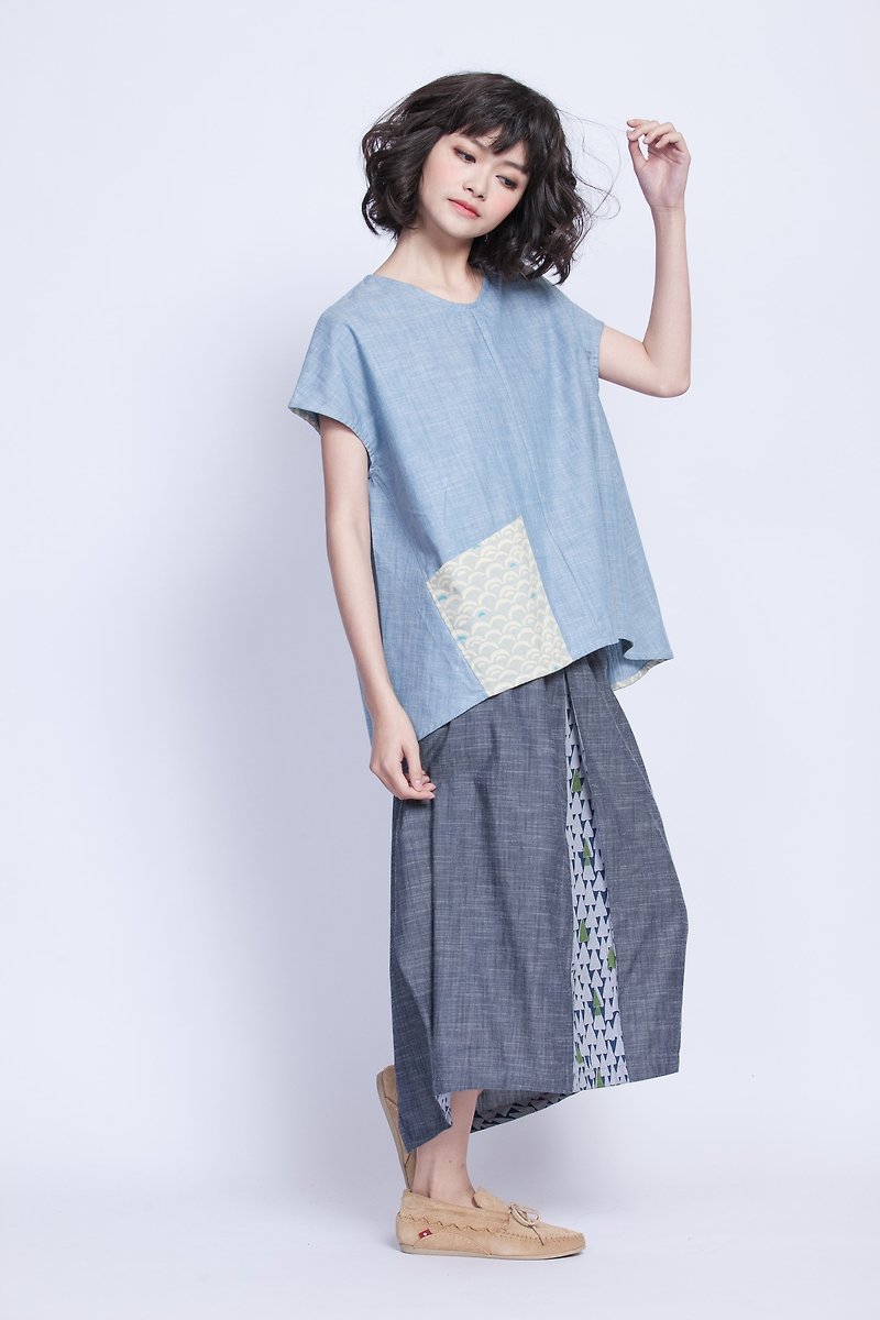 Woodcut short-sleeved shirt pocket scale pocket _ _ fair trade - เสื้อผู้หญิง - ผ้าฝ้าย/ผ้าลินิน สีน้ำเงิน