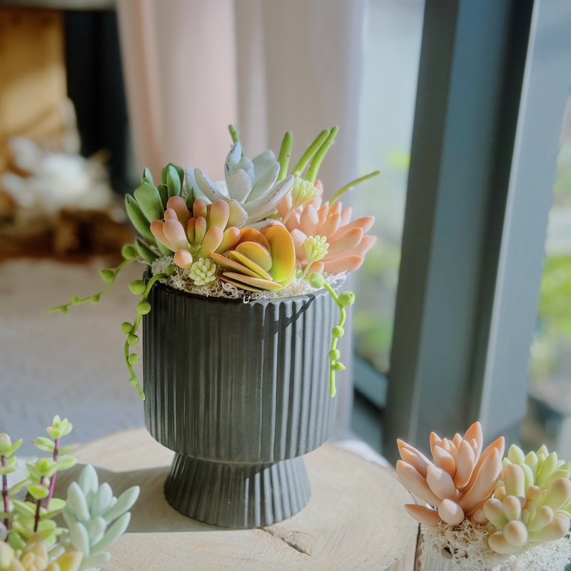 【日系禮物】多肉大花園(豎紋款-黑色).手作黏土多肉植物.附提袋 - 擺飾/家飾品 - 黏土 綠色