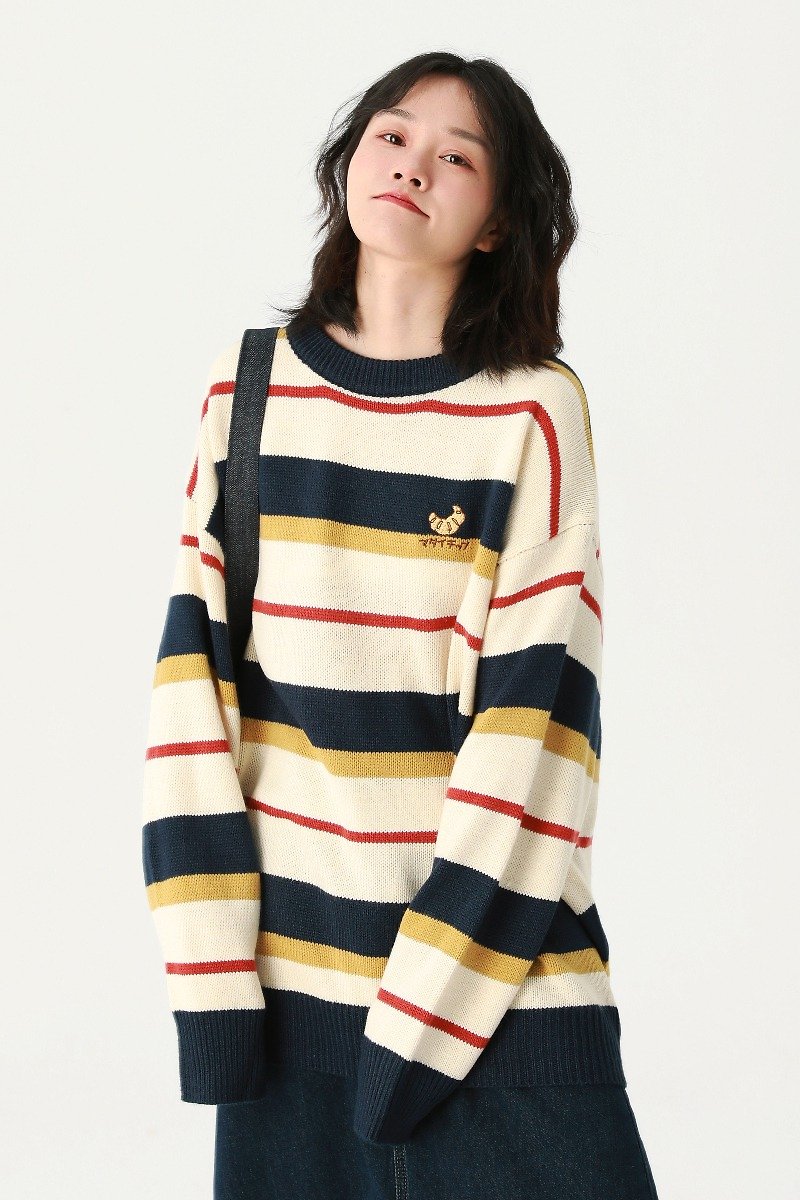 Yellow striped 2-color college style loose Japanese knitted ribbed crew neck sweater unisex basic M-XL - Women's Sweaters - Other Man-Made Fibers Yellow