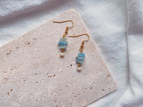 LAFS handmade 【出航平安】手作海藍寶碎石淡水珍珠14K包金耳環耳鉤