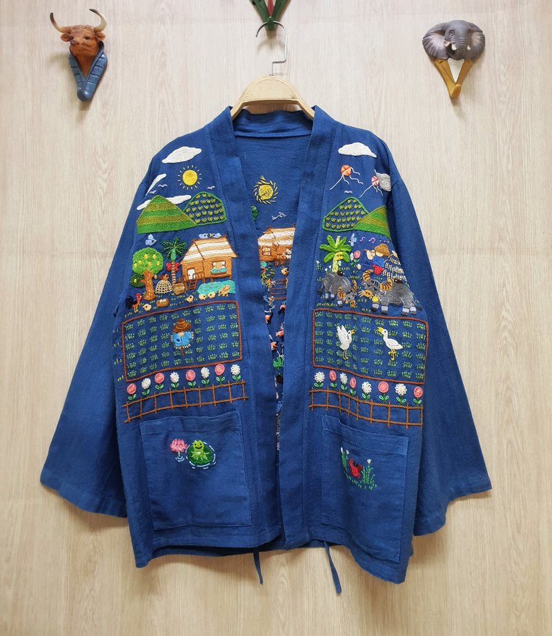 Hand Embroidery Cardigan, Cotton, Paddy Field, Rural Country Life - Women's Tops - Thread Blue