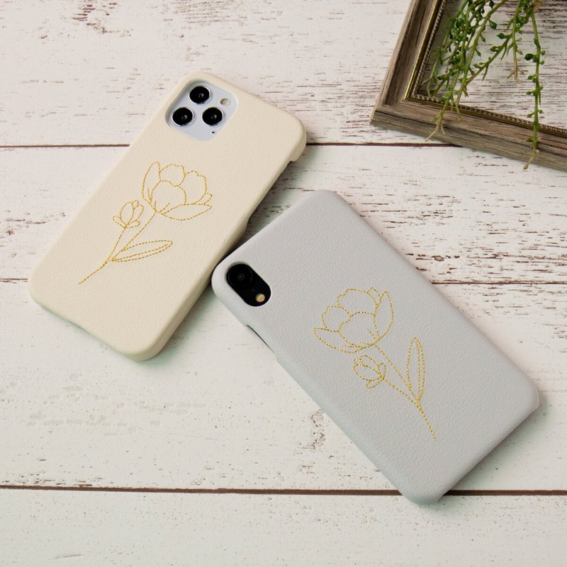 Smartphone case compatible with many models [Simple embroidered flower lover ] Gold Gray iPhone android A087I - เคส/ซองมือถือ - หนังแท้ ขาว