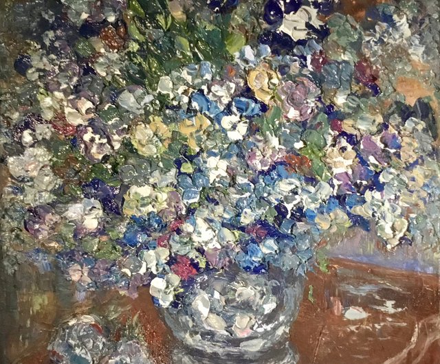 花瓶に入った青い花油厚塗りの重いテクスチャーのある絵画、3D