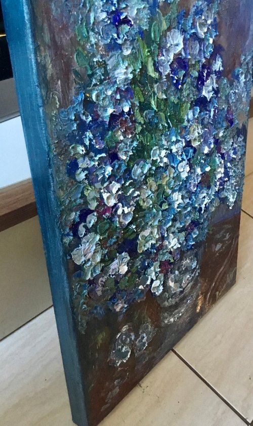 キャンバス油絵 専用 たっぷり入れた花瓶の青いお花
