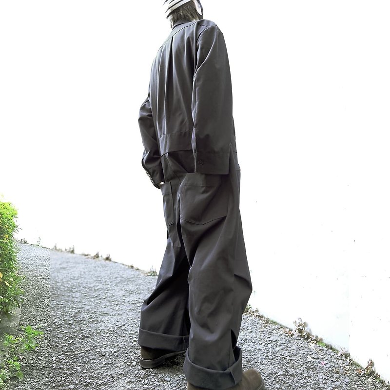 men's black canvas jumpsuit - จัมพ์สูท - ผ้าฝ้าย/ผ้าลินิน สีดำ