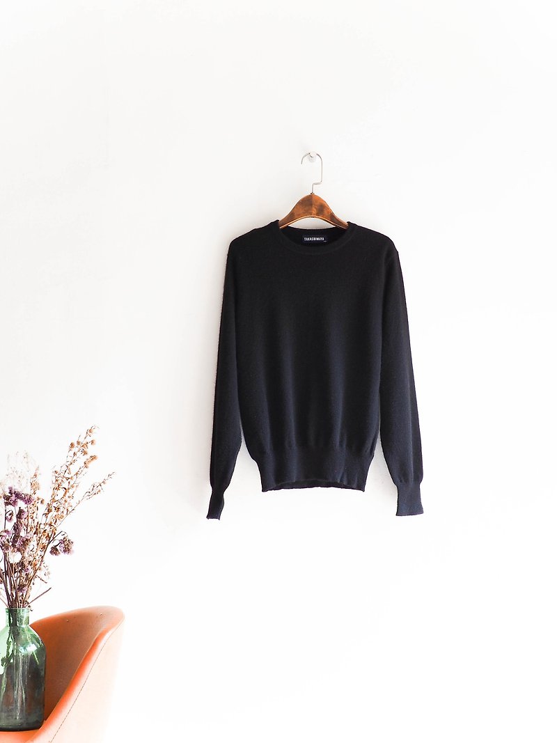 River Water Mountain - Toyama extremely black simple plain antique Kashmir cashmere sweater old sweater cashmere vintage oversize - สเวตเตอร์ผู้หญิง - ขนแกะ สีดำ