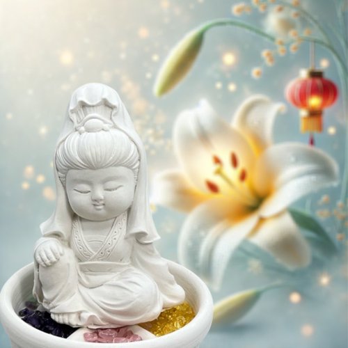 氣度-小蒔光 精油香氛/療癒系公仔/心靈夜燈 快速出貨 2025Q版公仔 擴香水晶 五行礦石之觀音小佛小盤套組