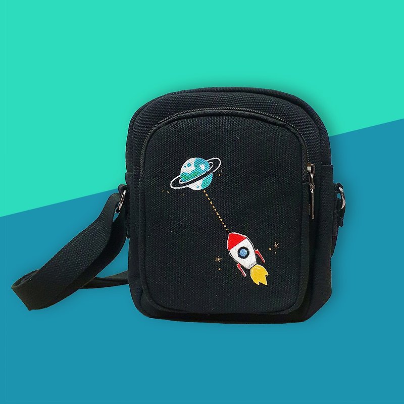 Cat Hair Embroidered Medium Canvas Bag Crossbody Bag (Black) / Rocket Planet - Messenger Bags & Sling Bags - Cotton & Hemp Black