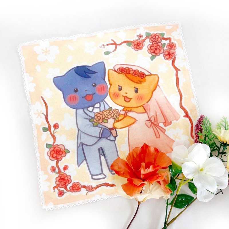 Illustrative handkerchief-Cat wedding - ผ้าเช็ดหน้า - ผ้าฝ้าย/ผ้าลินิน สึชมพู