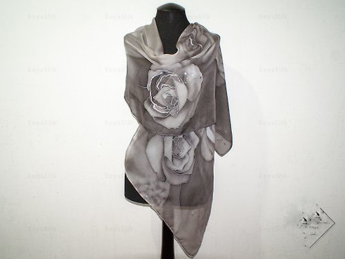 Enya 絲巾 Ladies long silk scarf gray Luxury hand painted silk scarf with roses