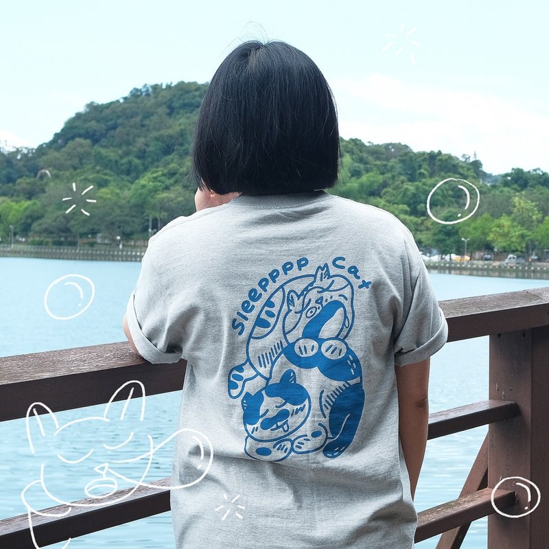 貓島 T-shirt / 麻花灰睡覺貓 - 女 T 恤 - 棉．麻 灰色