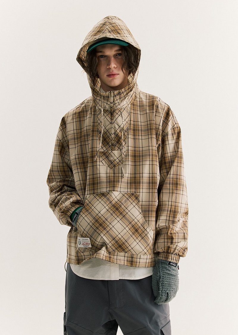 Neutral style plaid long-sleeved hoodie couple outfit - Unisex Hoodies & T-Shirts - Cotton & Hemp Brown