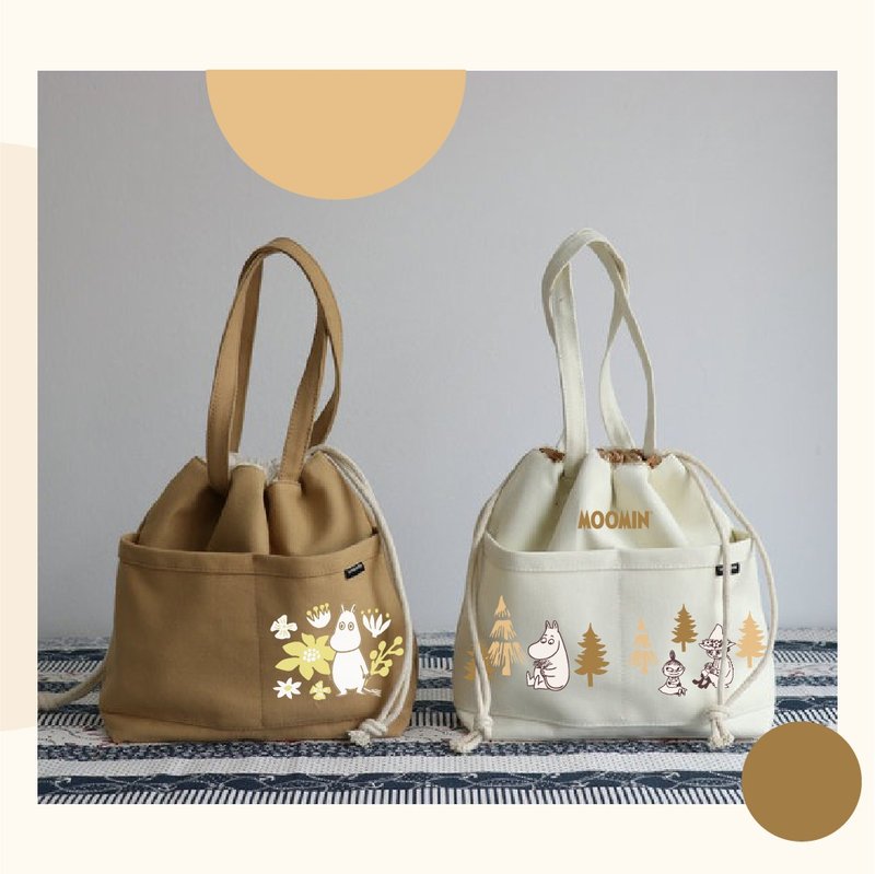 Authorized by MOOMIN | Forest Department Drawstring Bucket Bag (White/ Khaki) - กระเป๋าถือ - ผ้าฝ้าย/ผ้าลินิน 