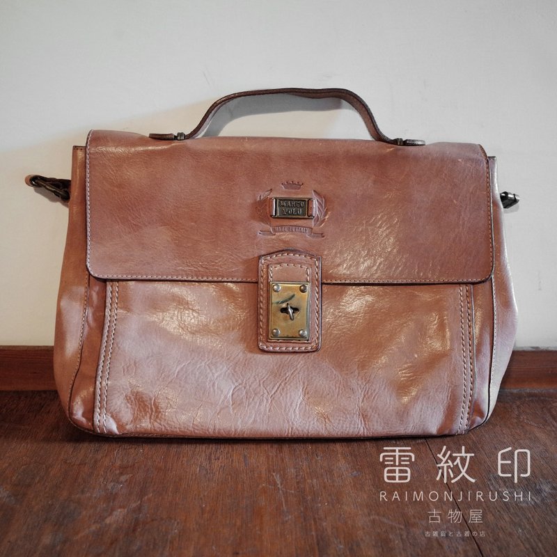 Marco Polo Made in Italy Genuine Leather Nude Sidepack Vintage Briefcase - กระเป๋าเอกสาร - หนังแท้ สีกากี