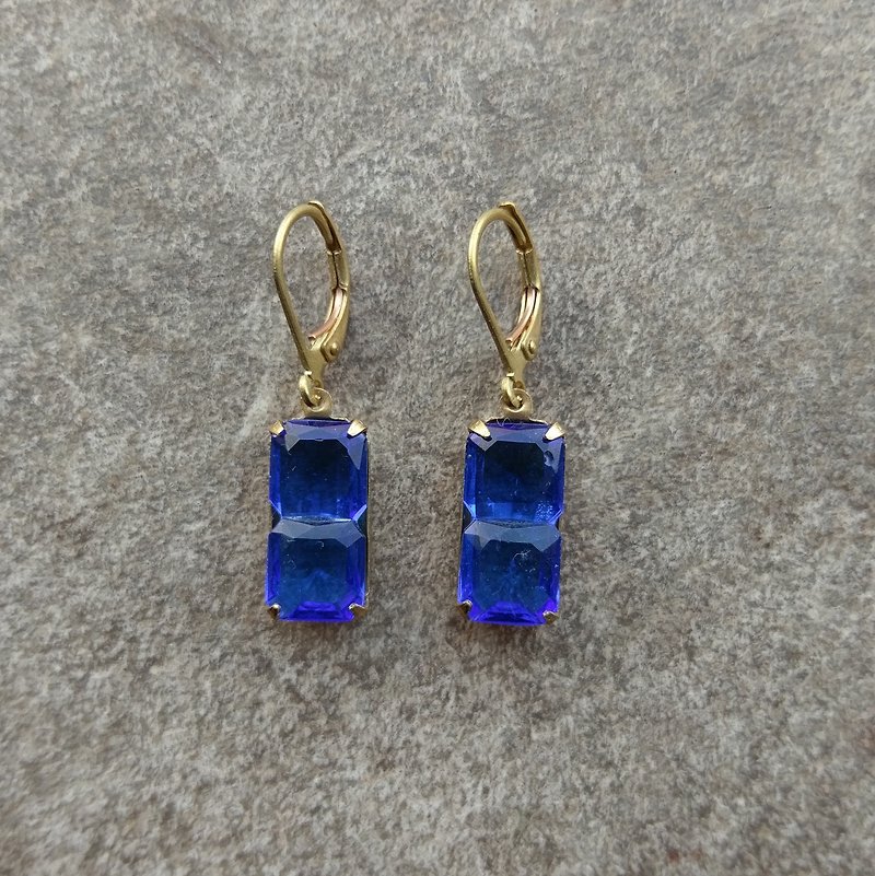 Dark Blue Vintage Glass Rectangle Earrings - Earrings & Clip-ons - Other Metals Blue
