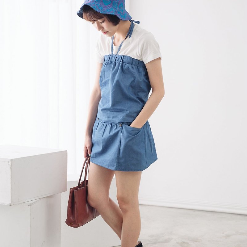 Women School Pockets Overall Pinafor Denim Skirt Mini Dress-dark blue - ชุดเดรส - ผ้าฝ้าย/ผ้าลินิน สีน้ำเงิน