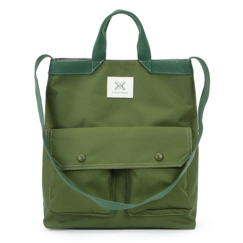 LaPoche Secrete 文青禮物-軍綠防潑水兩用帆布包-可肩揹手提裝A4 - 側背包/斜孭袋 - 其他材質 綠色