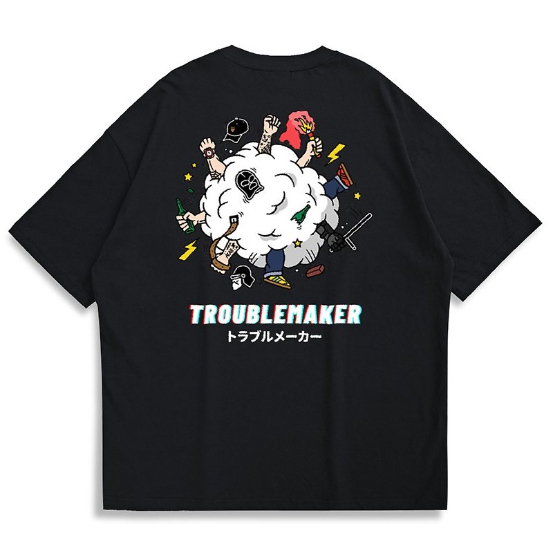 【CREEPS-STORE】Troublemaker Logo Oversized Printed T-shirt - Men's T-Shirts & Tops - Cotton & Hemp Multicolor