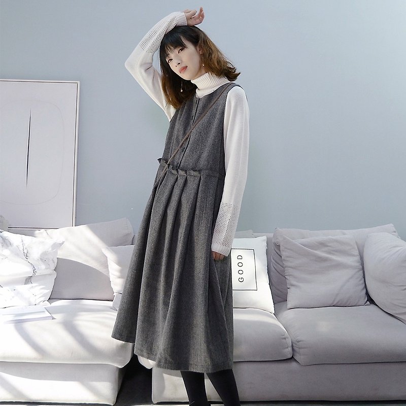 法式復古高腰洋裝-灰色|洋裝|秋冬款|羊毛呢|獨立品牌|Sora-205 - 洋裝/連身裙 - 羊毛 灰色