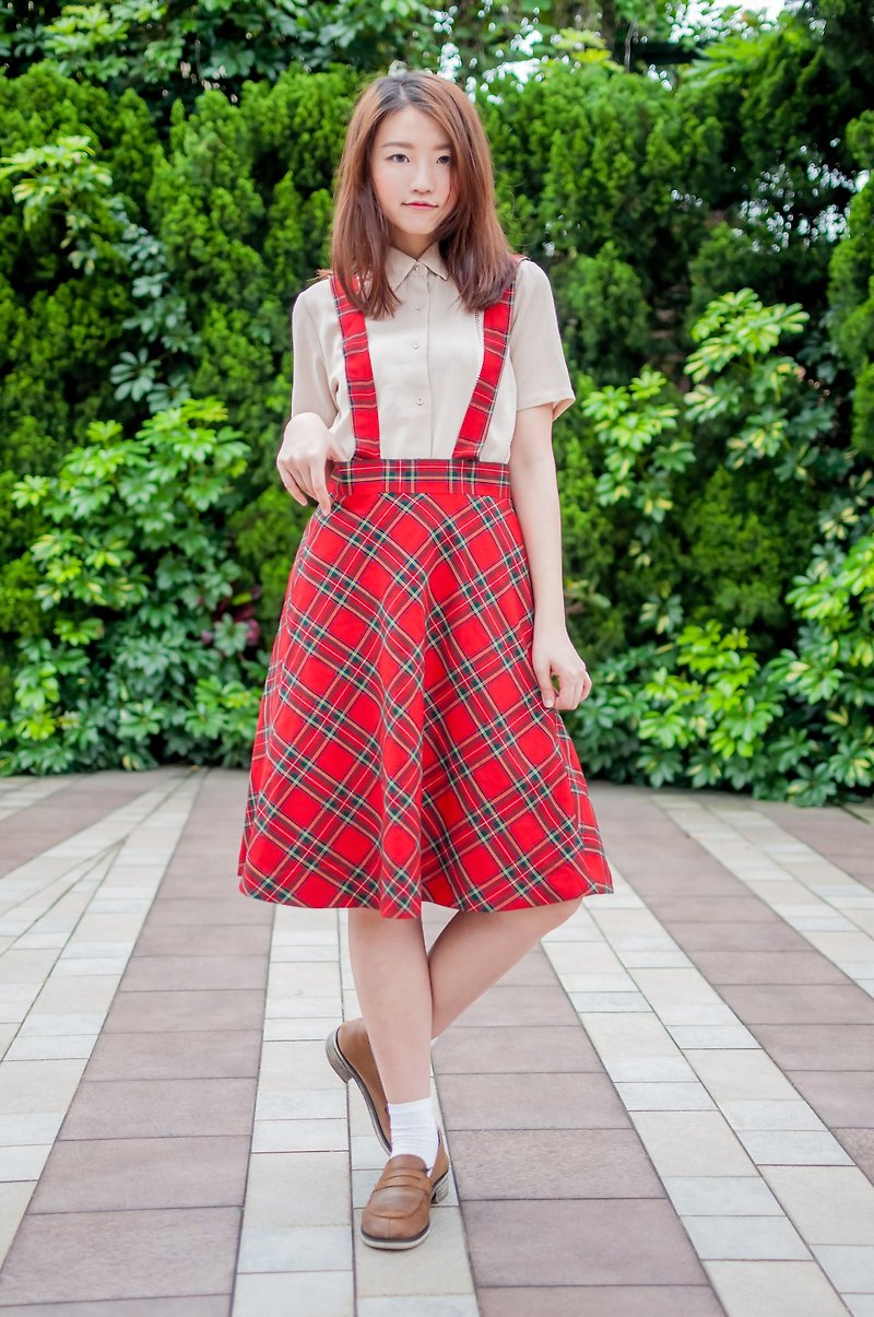 …｛橡子女孩::古著洋裝｝紅色蘇格蘭斜格紋吊帶裙 - 裙子/長裙 - 其他材質 紅色