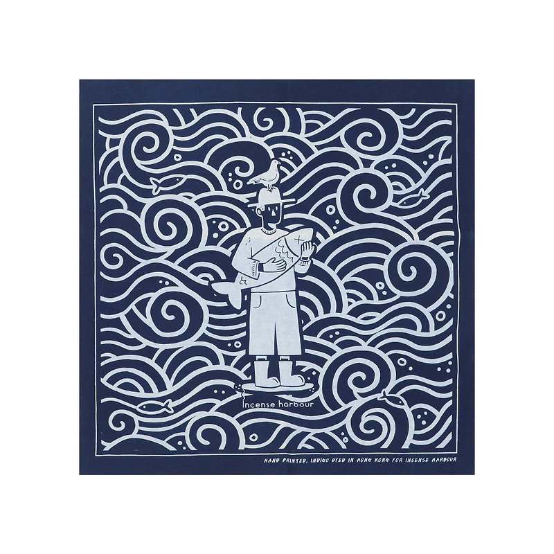 香港漁師手作り青染め伝統抜染大判スカーフ - マフラー・ストール - コットン・麻 ブルー