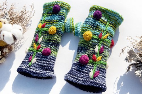 omhandmade 手織純羊毛針織手套/露趾手套/內刷毛手套/保暖手套-北歐刺繡花朵