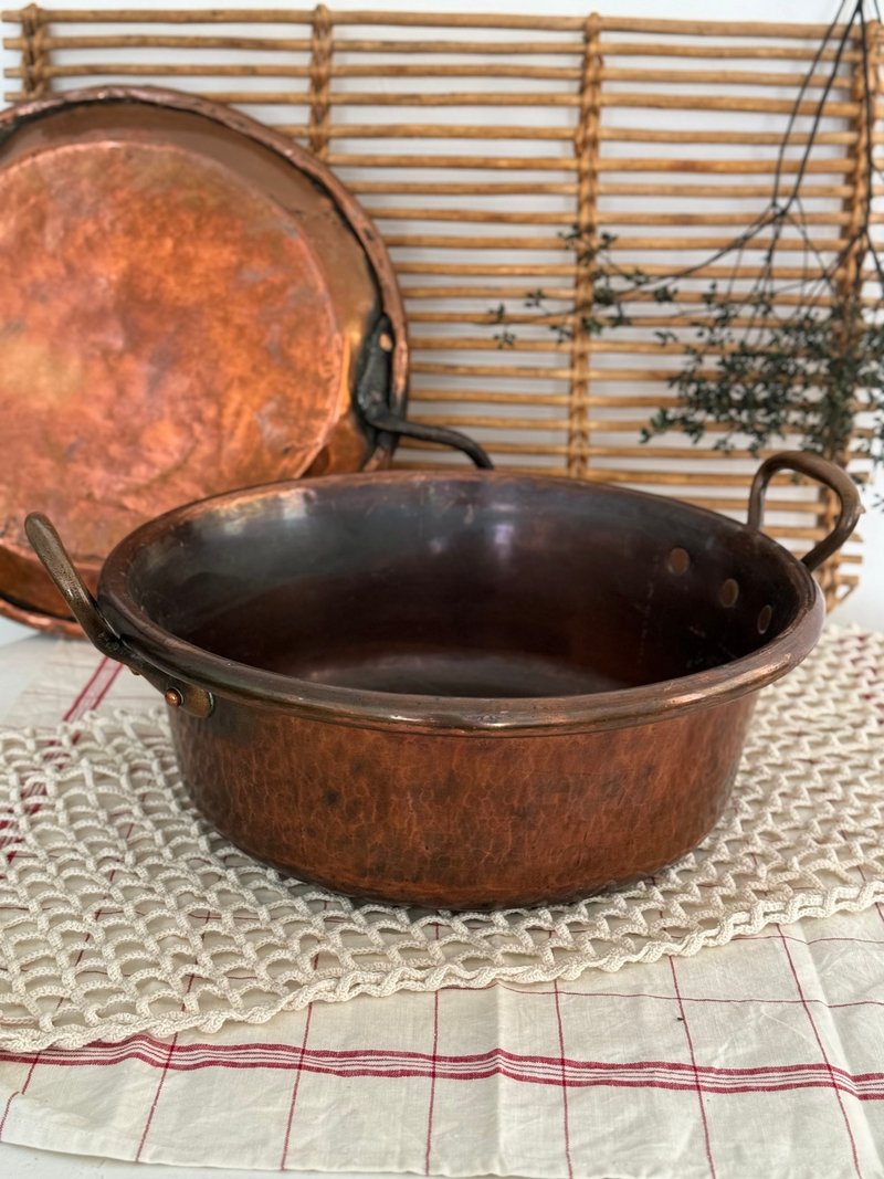 Stunning Rustic French antique large copper pot with brass handle - กระทะ - ทองแดงทองเหลือง 