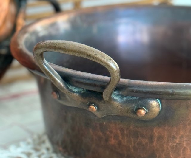 40566-驚艷法國1850年古董紅銅鍋黃銅把手大鍋36cm JSVS 古董家飾選物店