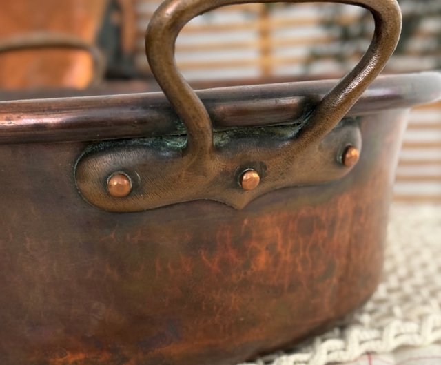 40566-驚艷法國1850年古董紅銅鍋黃銅把手大鍋36cm JSVS 古董家飾選物店