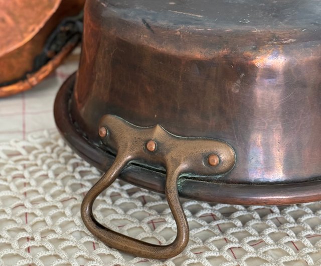 40566-驚艷法國1850年古董紅銅鍋黃銅把手大鍋36cm JSVS 古董家飾選物店